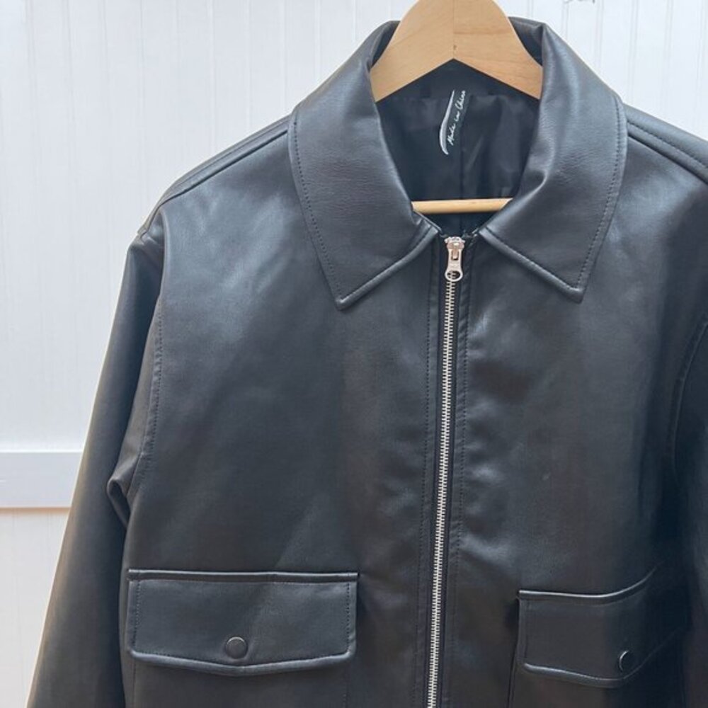 AsYou Black Faux Leather Jacket Biker Punk Grunge Emo Cropped Boxy Full Zip 4